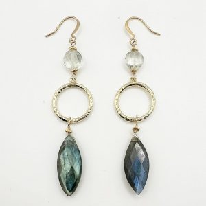 Green Amethyst and Gold Filled textured Circle Earrings with Labradorite Drops 3 Inches in Length