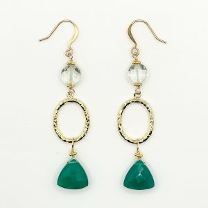 Green Amethyst and Gold Filled Textured Oval Earrings with Green Onyx Drops 2.5 Inches in Length