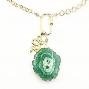 Gold Filled Textured Chain with Gold Filled Snake Charm & Green Stalactite Pendant 18 Inches in Length with 3 Inch Pendant