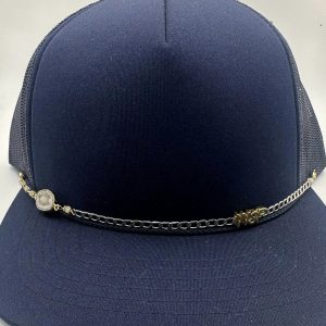 White Geode Stone with White Gold Filled Chain, Gold Filled WSP Slide Initials and Moonstone Beads. 9 Inches in length Each hat chain is one of a kind, but can be reproduced with varying beads. Please communicate on your choices and preference.