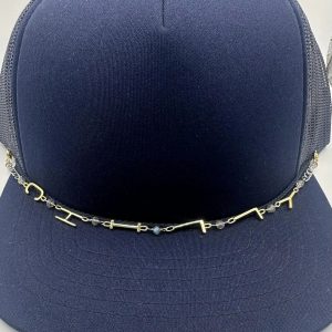 White Gold Filled Hat Chain with Yellow Gold Filled Skeleton Letters 9 Inches in length Each hat chain is one of a kind, but can be reproduced with varying beads. Please communicate on your choices and preference.