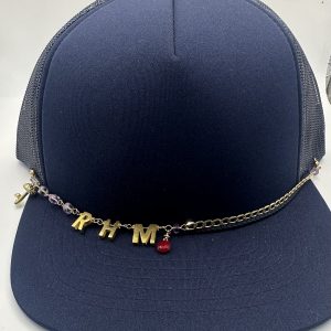 Coral Beaded Hat Chain with Gold Filled Chain and R, H & M Gold Filled Letters with Gold Filled Butterfly Charm 9 Inches in Length