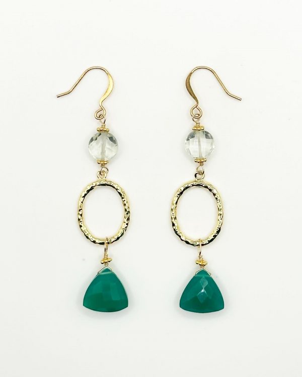 Green Amethyst and Gold Filled Textured Oval Earrings with Green Onyx Drops 2.5 Inches in Length