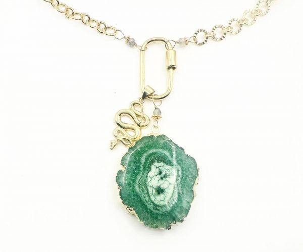 Gold Filled Textured Chain with Gold Filled Snake Charm & Green Stalactite Pendant 18 Inches in Length with 3 Inch Pendant