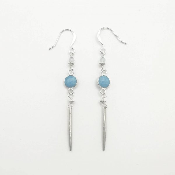 Sterling Silver Bezeled Turquoise Earrings with Sterling Spikes 2.5 Inches in Length